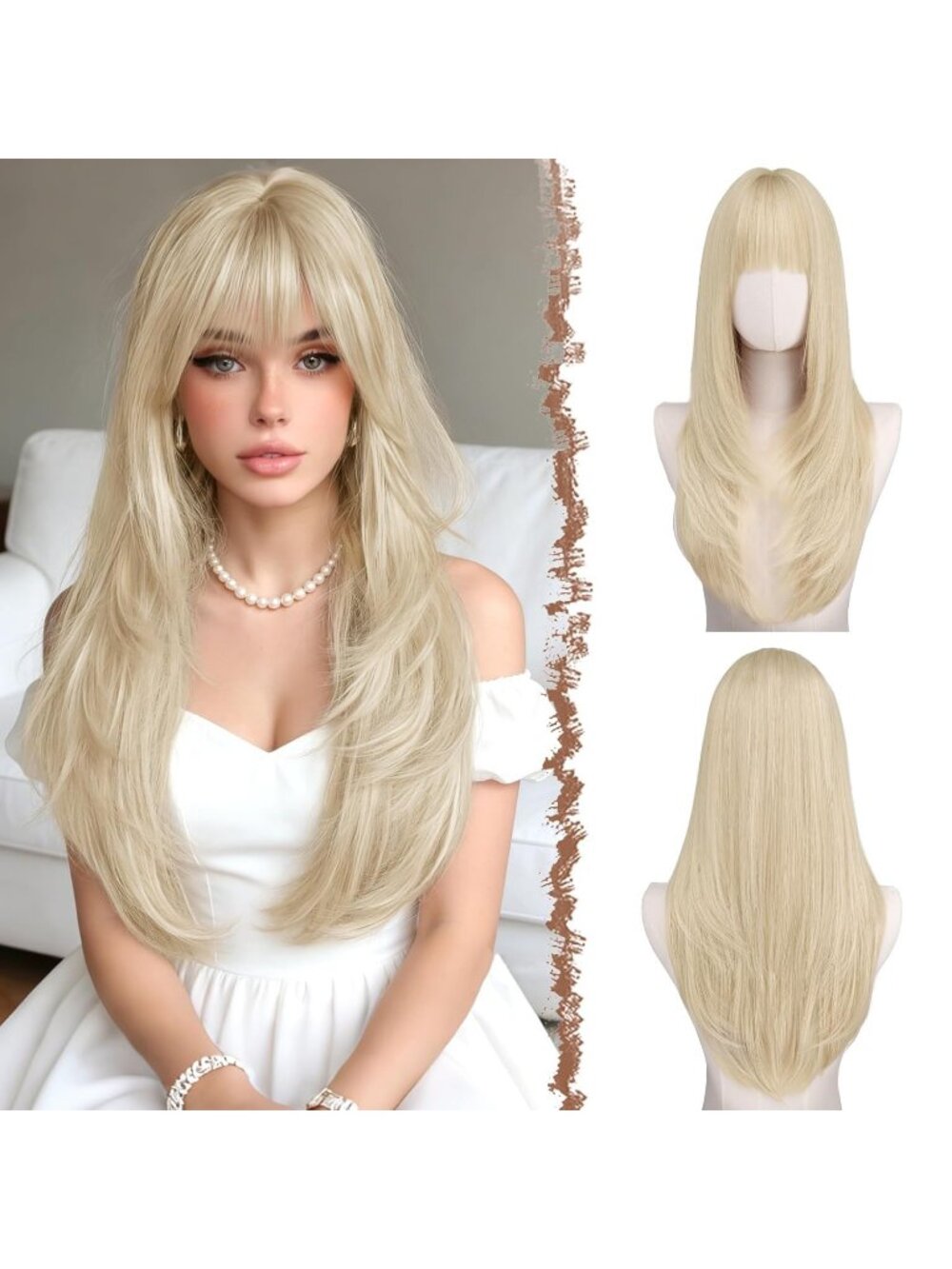 24 Inch Women's Light Blonde Synthetic Long Straight Sleek Layered Wig with Bang